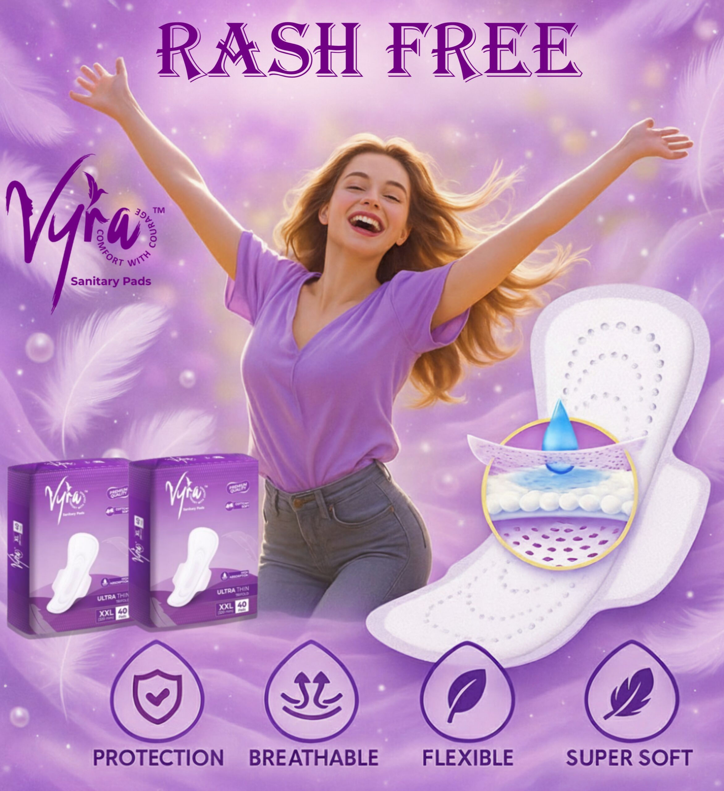 VYRA Ultra thin_ Cottony comfort_ XXL _40 Pads_100% leakage Protection & Rash free Sanitary Pad (Pack of 40)