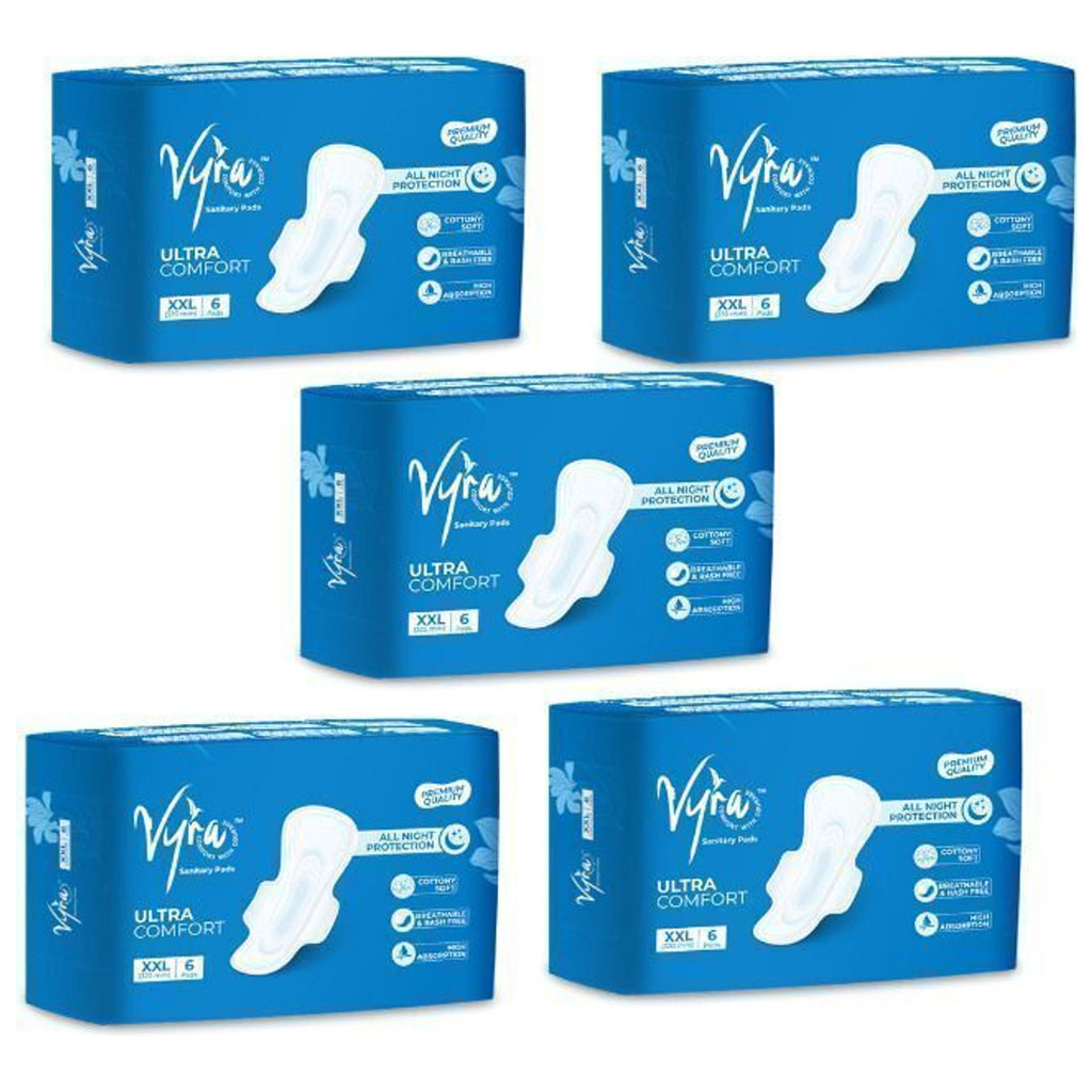 VYRA Ultra thin Cottony soft_ All nigh comfort _ XXL_ 30 Pads_ Rash free Sanitary Pad (Combo of 5)