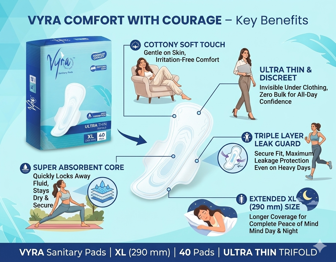 VYRA XL sanitary pads key features with life style images