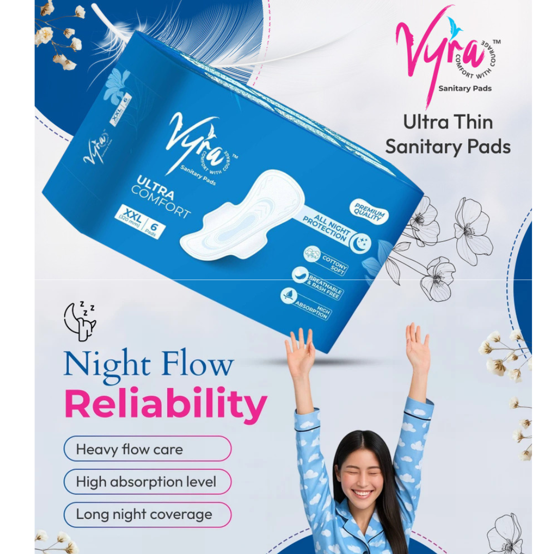 VYRA Ultra thin_ Cottony Soft_ All night comfort_ XXL _18 Pads _Rash free Sanitary Pad (combo of 3)