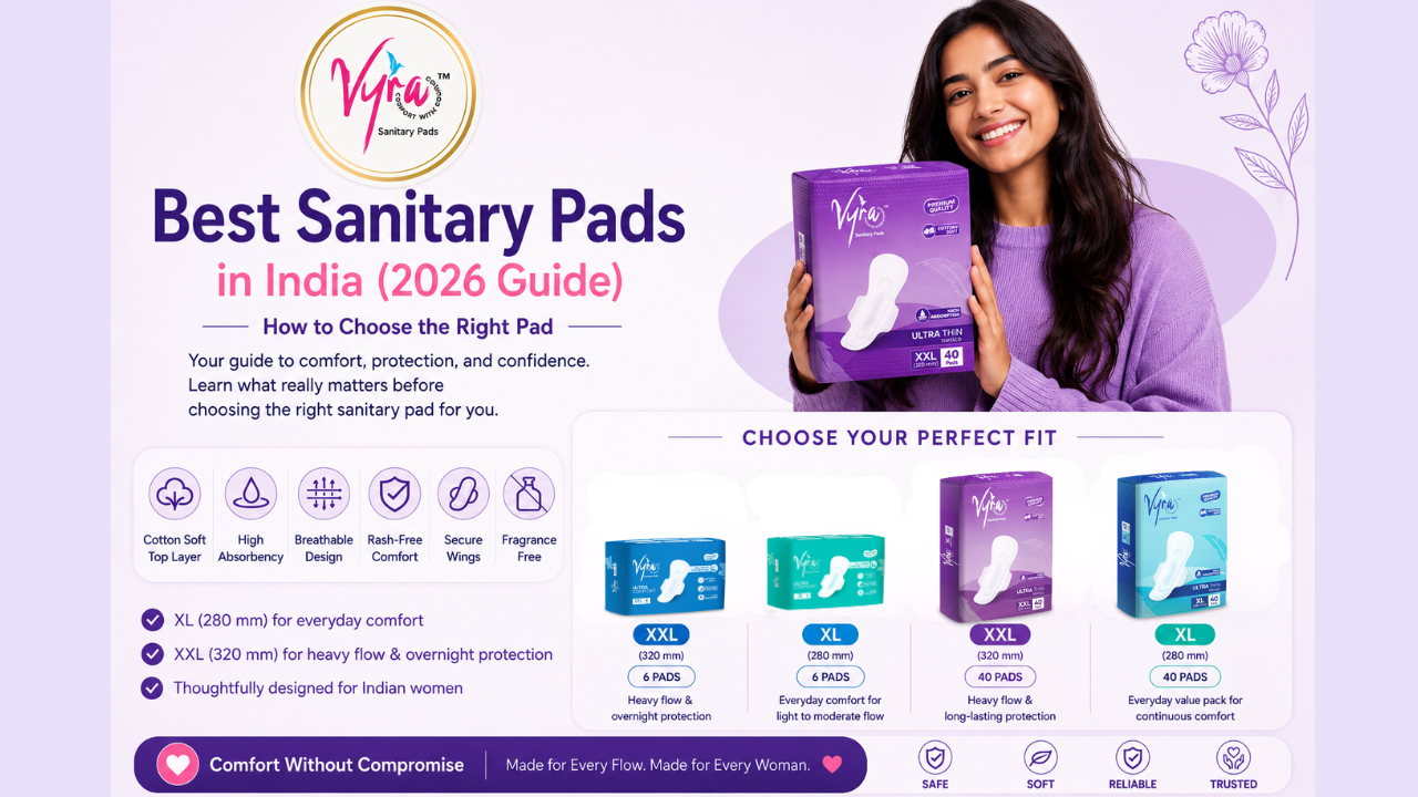 Best sanitary pads in India featuring VYRA XL and XXL sanitary pads with cotton soft comfort, high absorbency and rash-free protection.