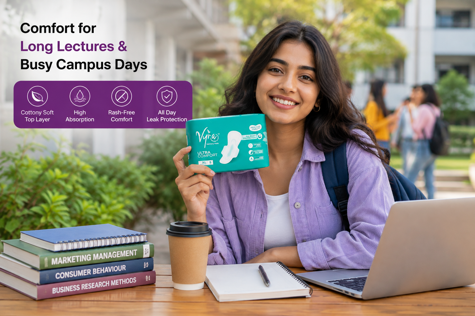 College girl using VYRA XL Ultra Comfort sanitary pads for long lectures, travel, and busy campus days