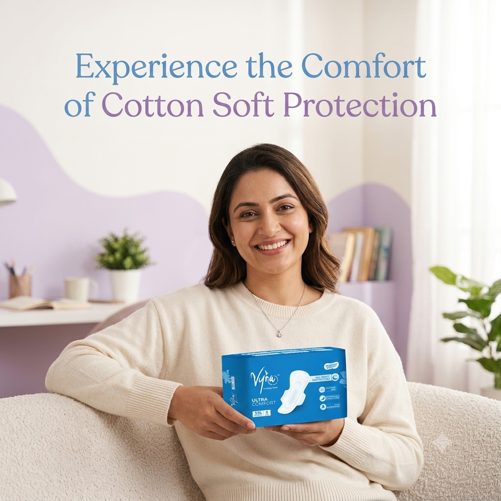 Woman holding VYRA Cotton Soft Sanitary Pads for comfortable period protection