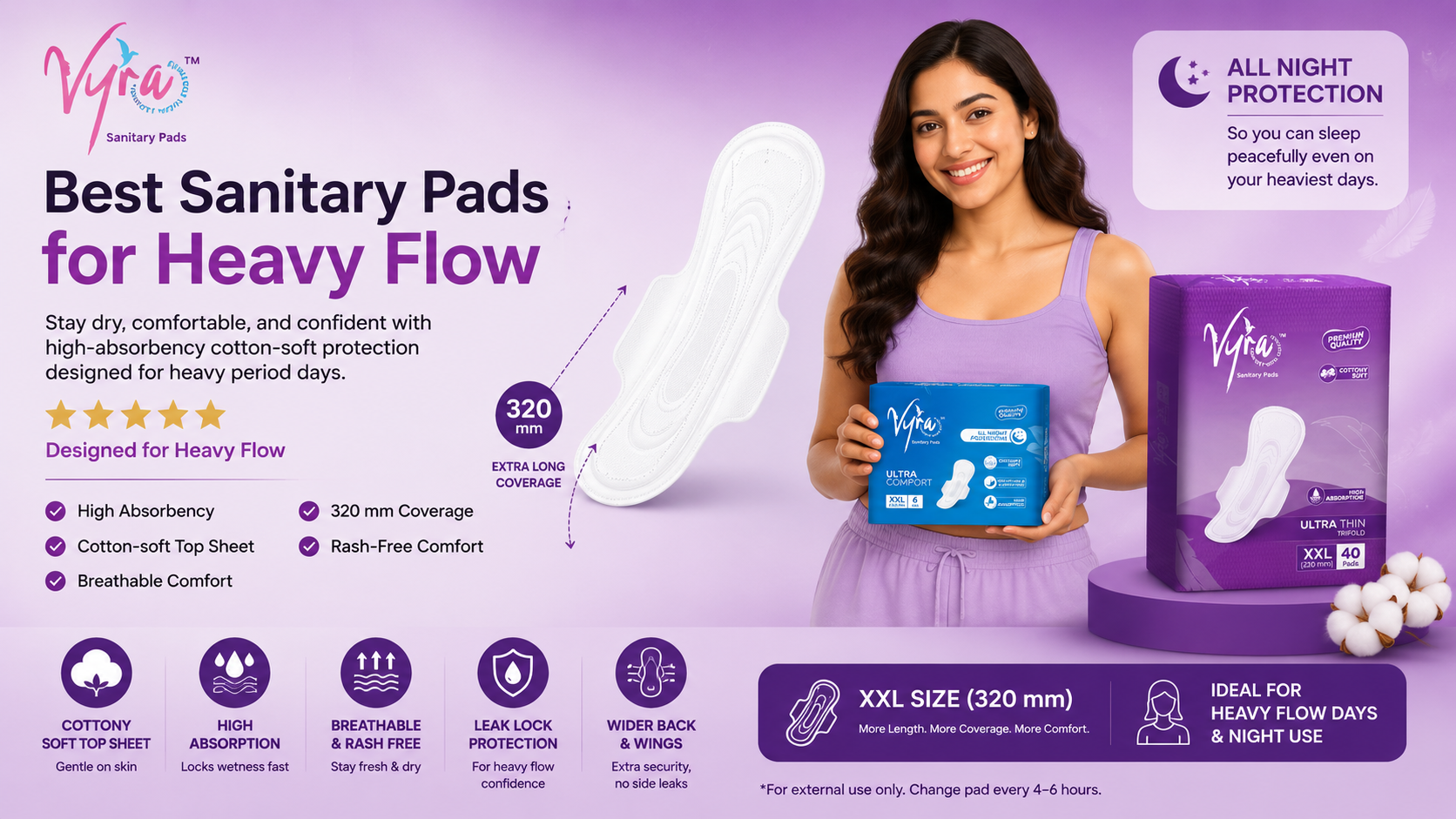 VYRA XXL Heavy Flow Sanitary Pads 320 mm with high absorbency and cotton-soft comfort for day and night protection