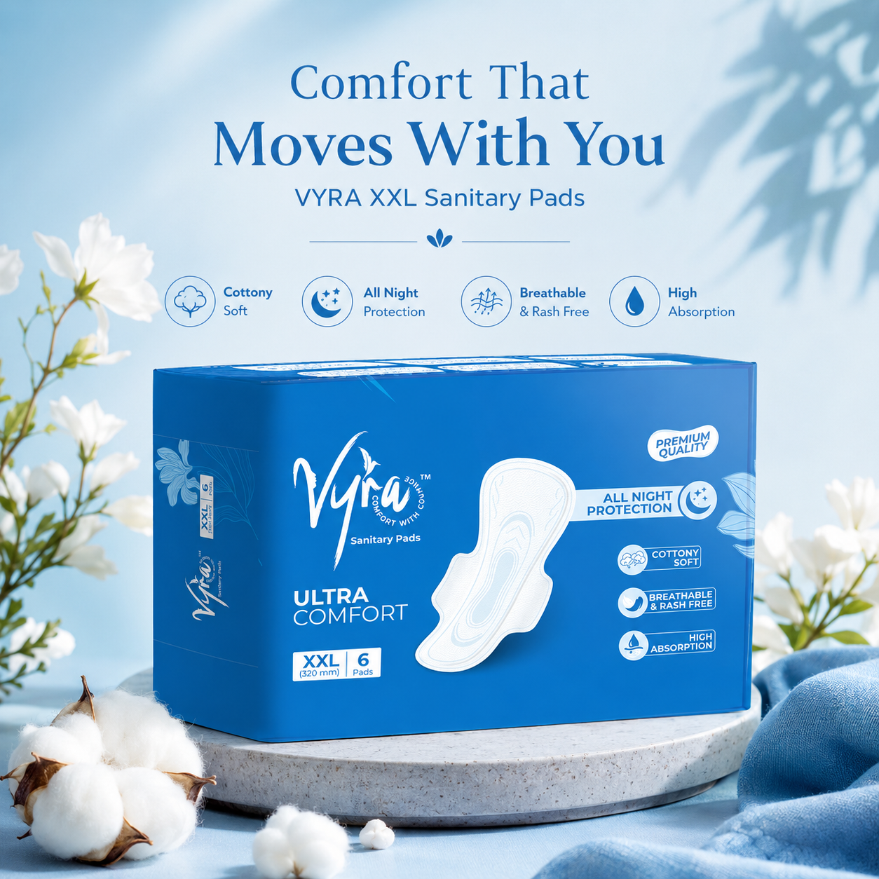 VYRA Rash-Free Sanitary Pads with breathable cotton-soft top sheet for sensitive skin