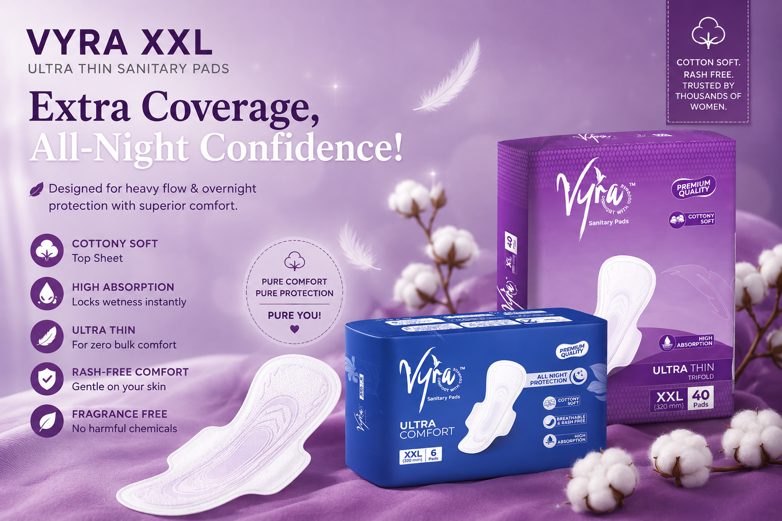VYRA XXL Ultra Thin Sanitary Pads for heavy flow and overnight protection with cotton-soft rash-free comfort