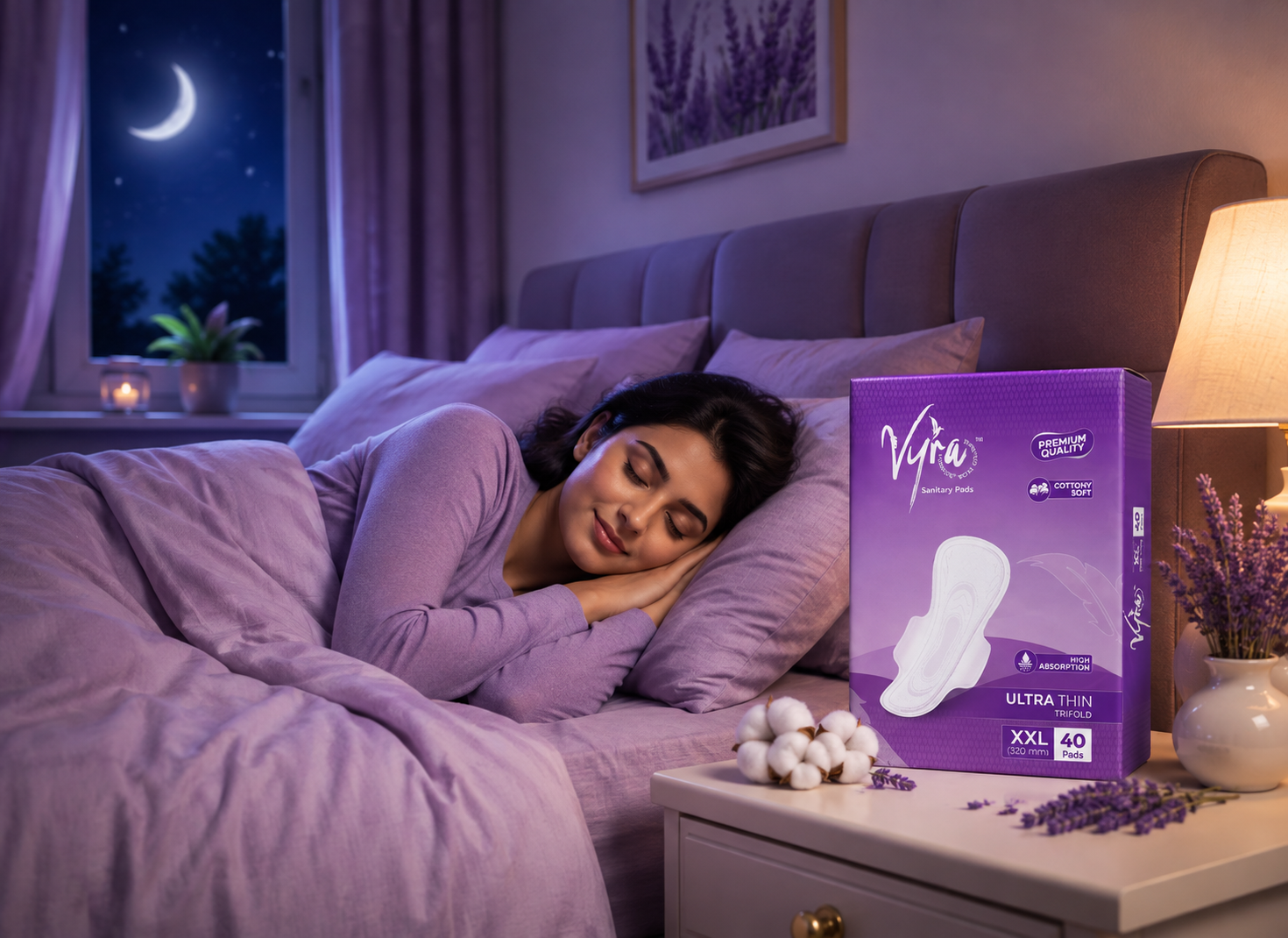 Best overnight sanitary pads for heavy flow – woman sleeping peacefully with VYRA XXL overnight sanitary pads