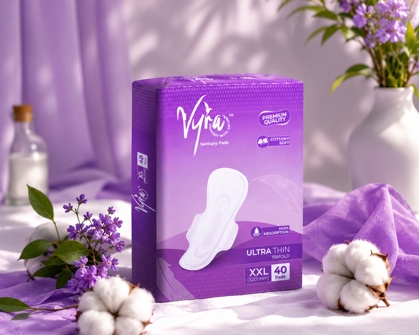 VYRA Best Overnight Sanitary Pads XXL 320 mm with cotton-soft top sheet and high absorption for heavy overnight flow