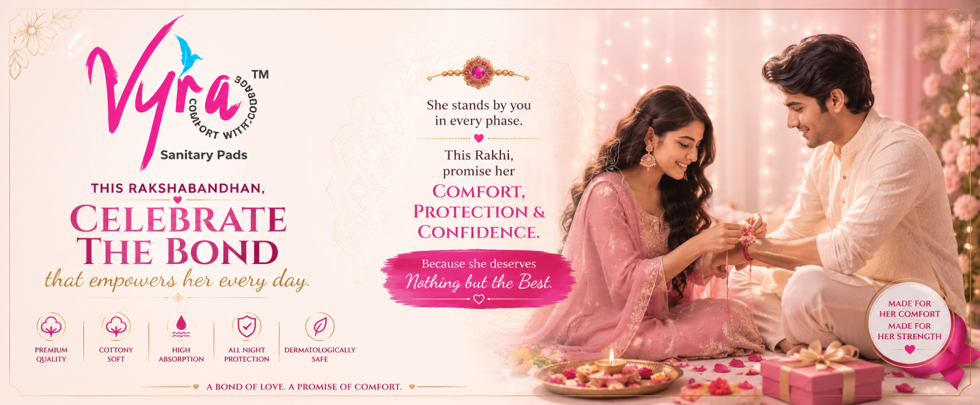 VYRA Sanitary Pads Raksha Bandhan special banner celebrating the bond of love, care and comfort